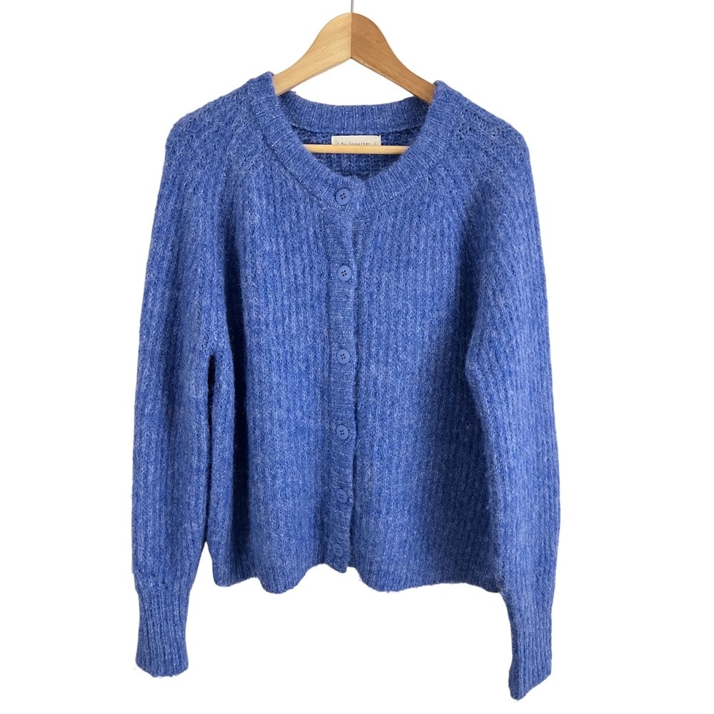By Together Cardigan Sweater Womens S Blue Fuzzy Button Front Knit